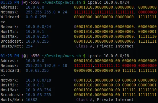 ipcalc command line utility showing the difference between a /24 network and a /18 network